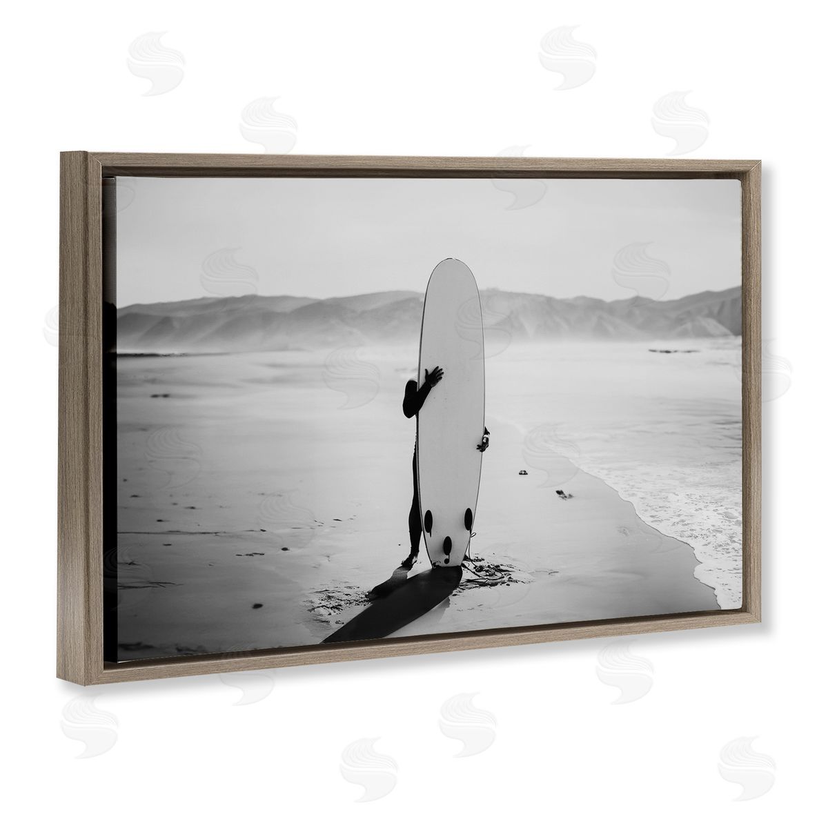 Sisi and Seb Hiding with Surfboard Brown Floating Frame Canvas Wall Art Print