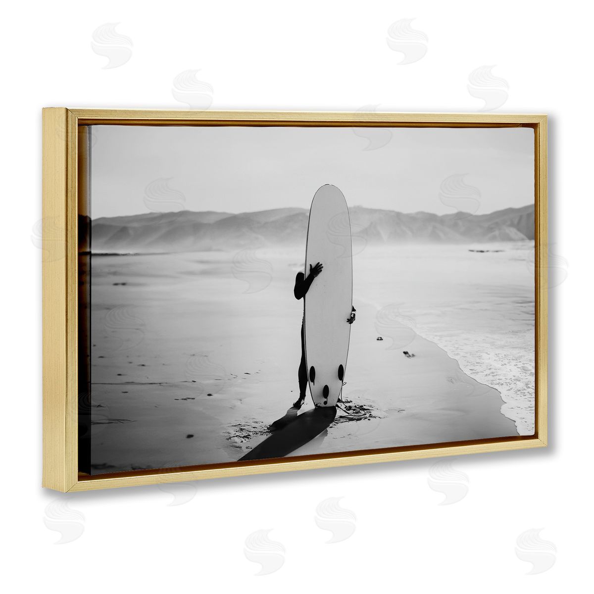 Sisi and Seb Hiding with Surfboard Gold Floating Frame Canvas Wall Art Print