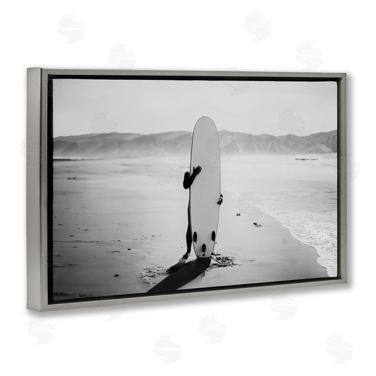 Sisi and Seb Hiding with Surfboard Gray Floating Frame Canvas Wall Art Print