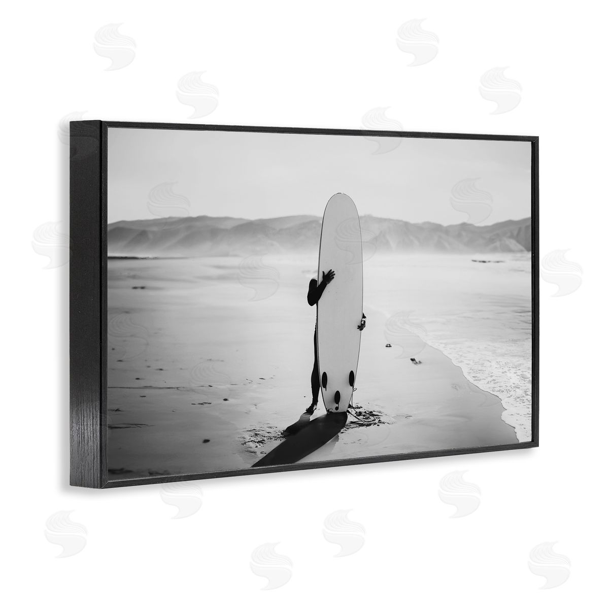 Sisi and Seb Hiding with Surfboard Black Framed Giclee Wall Art Print