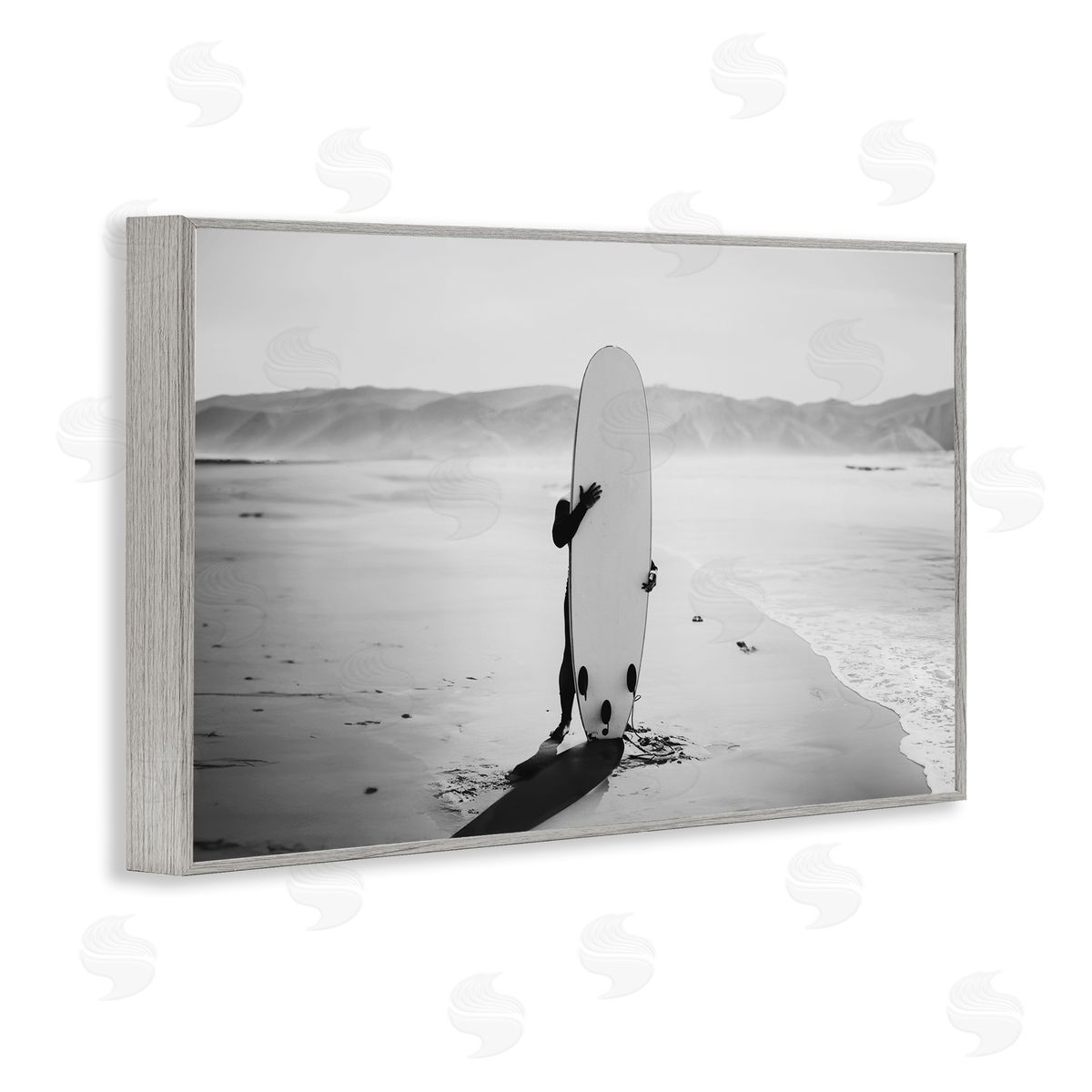 Sisi and Seb Hiding with Surfboard Gray Framed Giclee Wall Art Print
