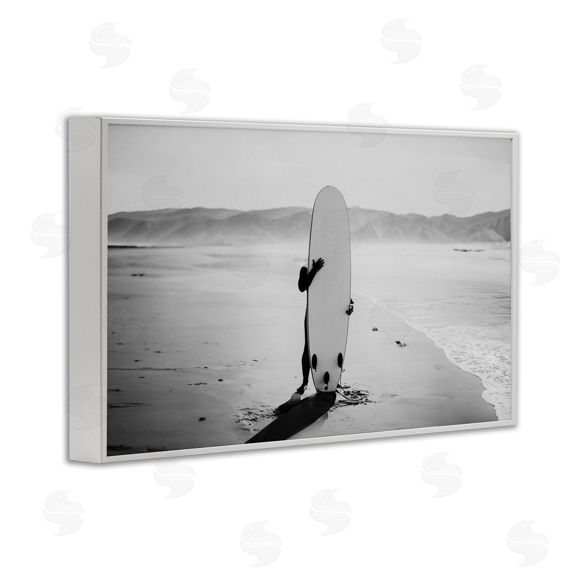 Sisi and Seb Hiding with Surfboard White Framed Giclee Wall Art Print