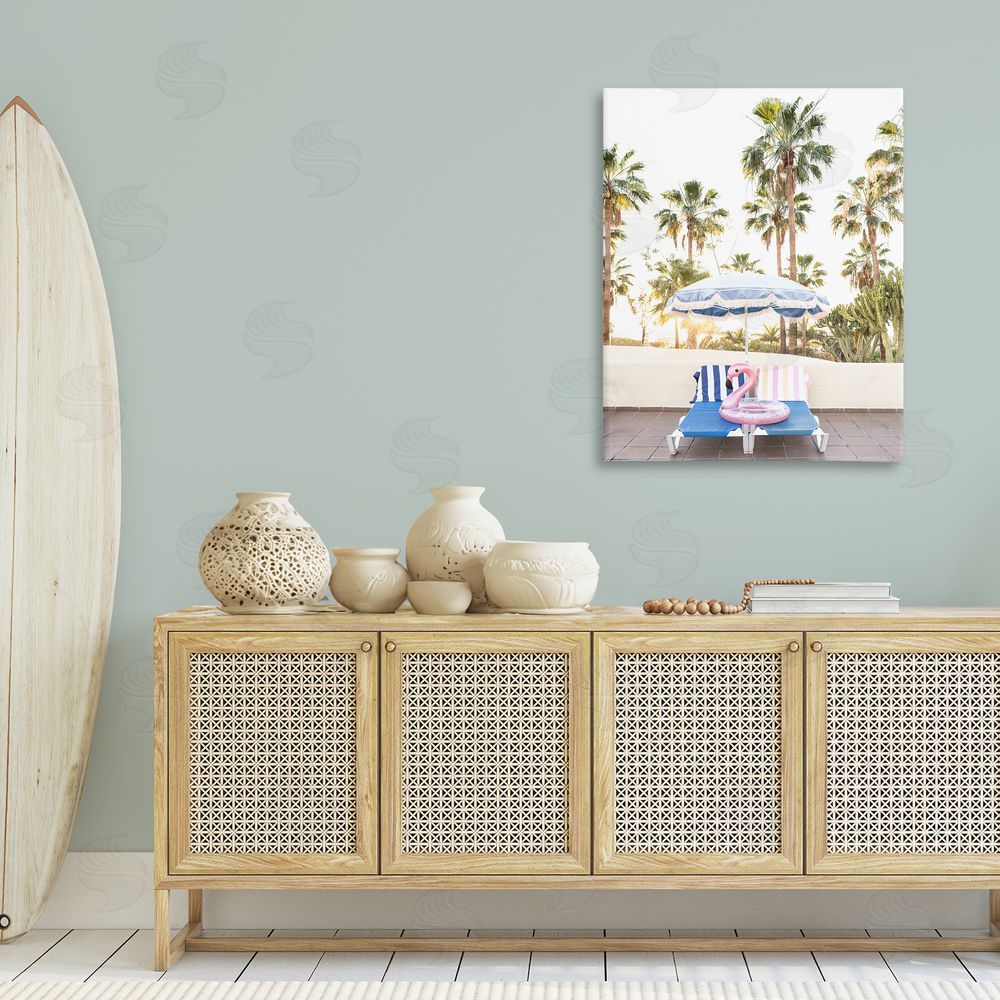 Sisi and Seb Poolside Flamingo Float Canvas Wall Art Print in Room
