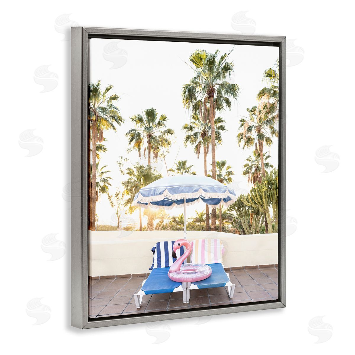 Sisi and Seb Poolside Flamingo Float Gray Floating Frame Canvas Wall Art Print