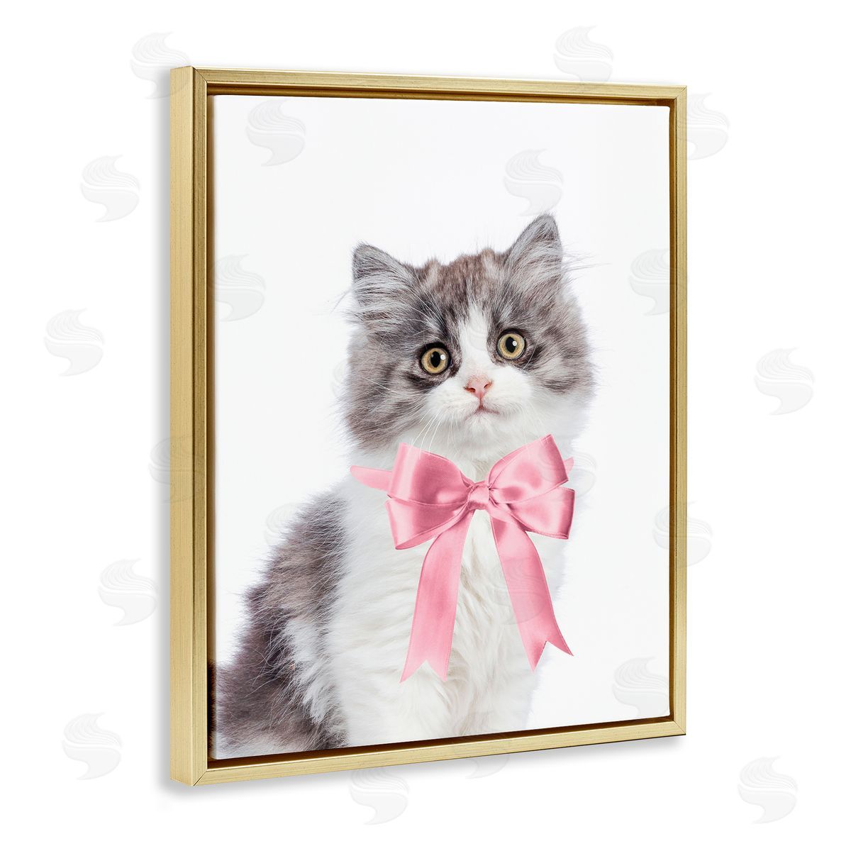 Sisi and Seb Kitten with Pink Bow Gold Floating Frame Canvas Wall Art Print