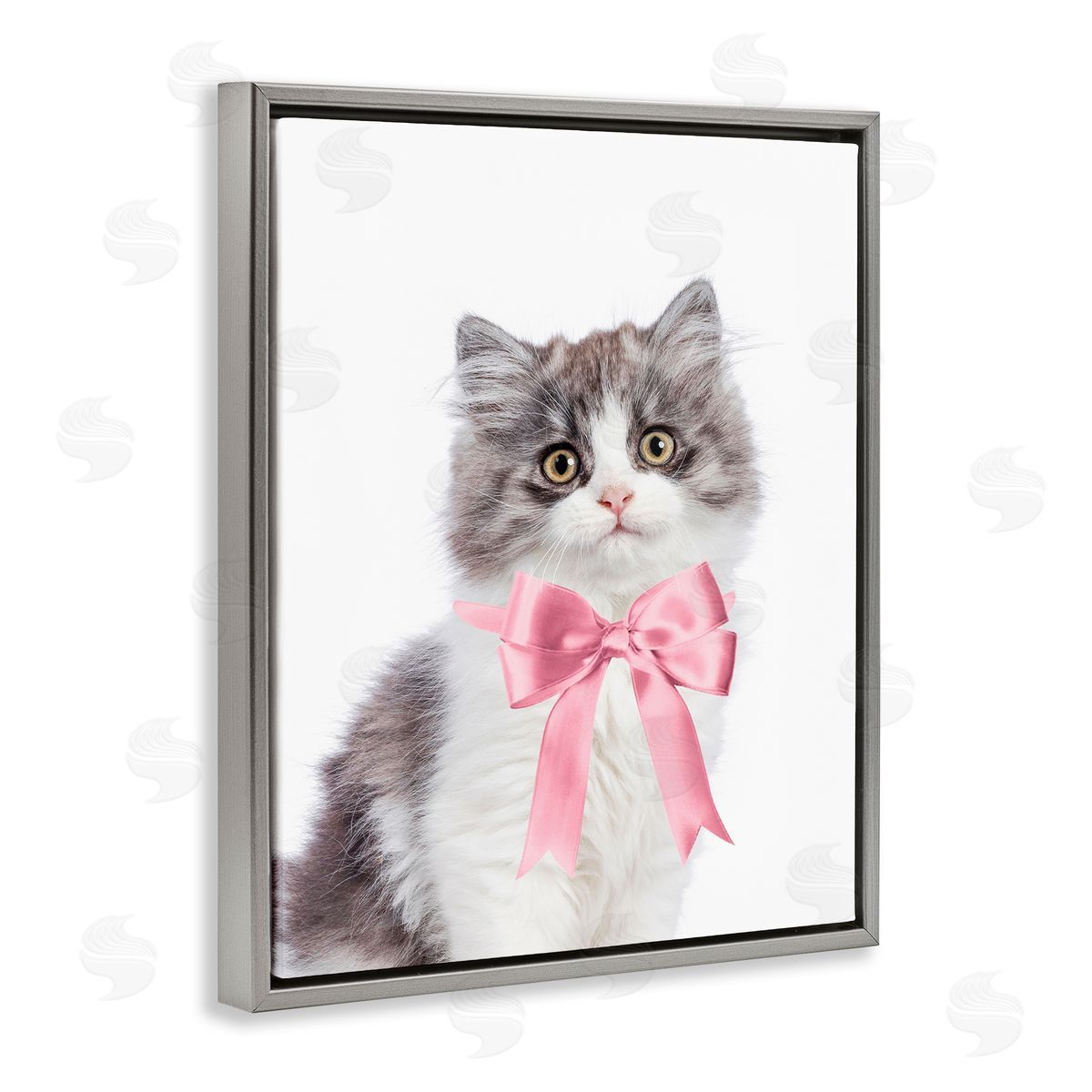 Sisi and Seb Kitten with Pink Bow Gray Floating Frame Canvas Wall Art Print