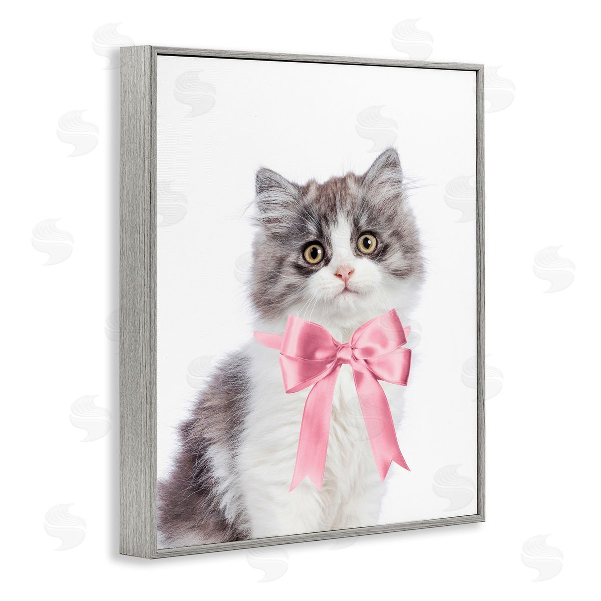 Sisi and Seb Kitten with Pink Bow Gray Framed Giclee Wall Art Print