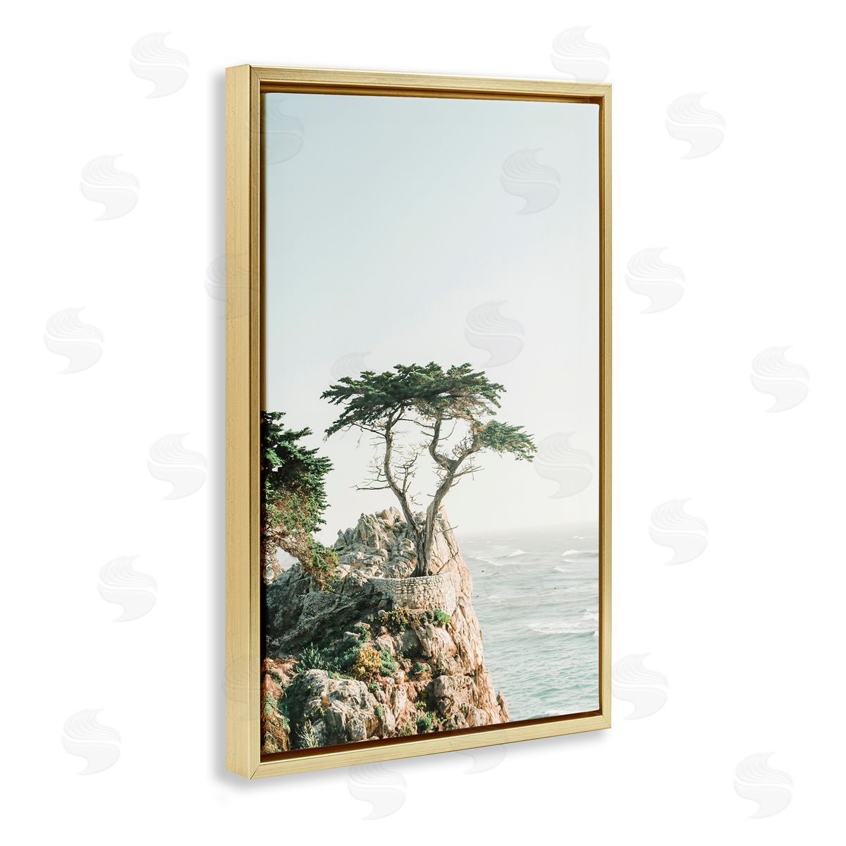 Sisi and Seb Tree on Beachside Cliff Gold Floating Frame Canvas Wall Art Print