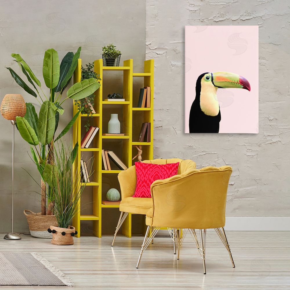 Sisi and Seb Pastel Toucan on Pink Canvas Wall Art Print in Room