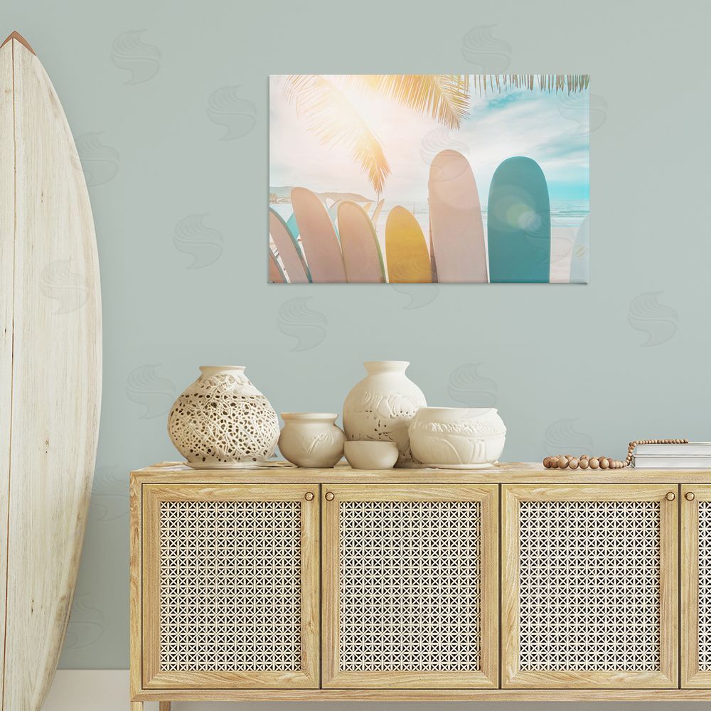 Sisi and Seb Sunny Beach Surfboards Canvas Wall Art Print in Room