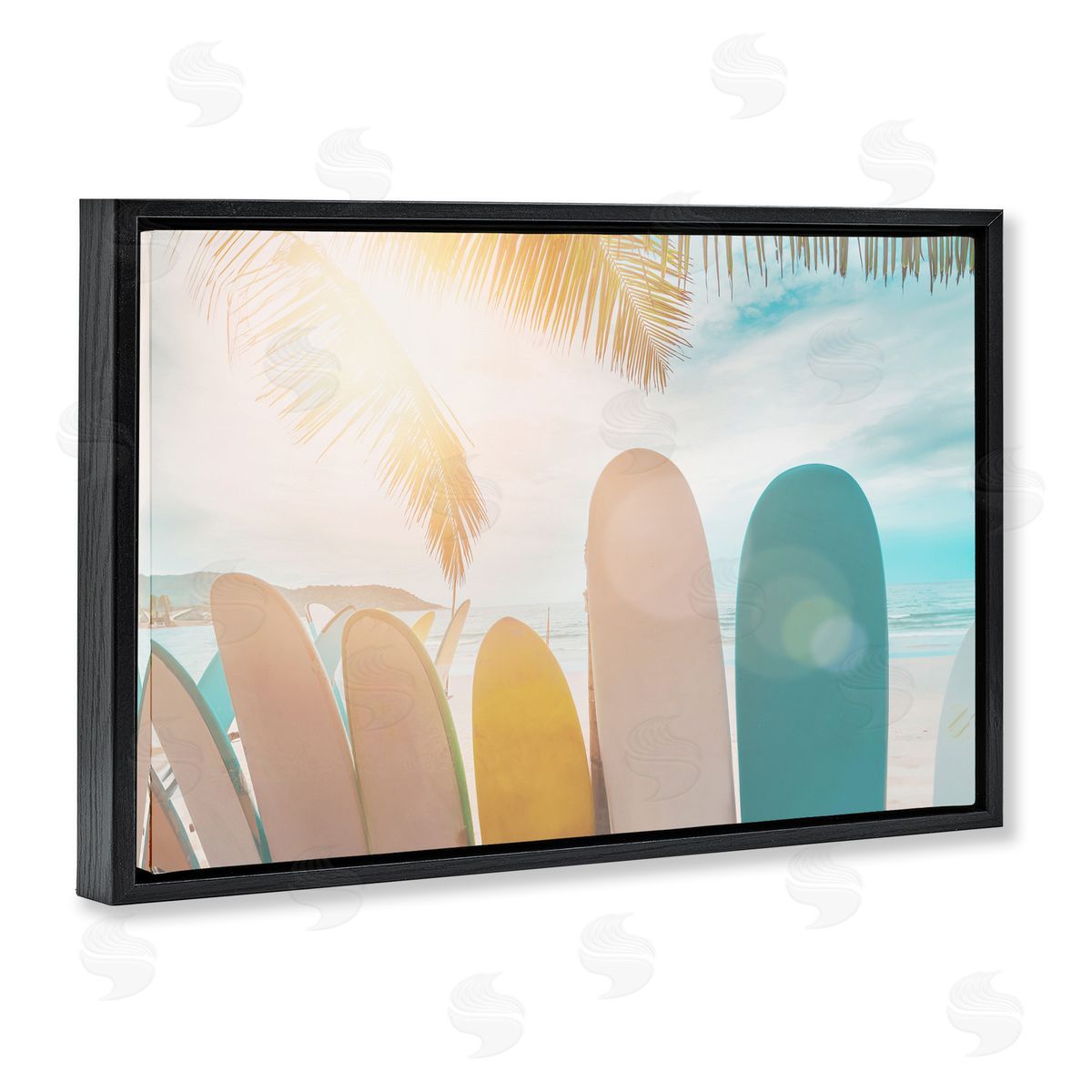 Sisi and Seb Sunny Beach Surfboards Black Floating Frame Canvas Wall Art Print