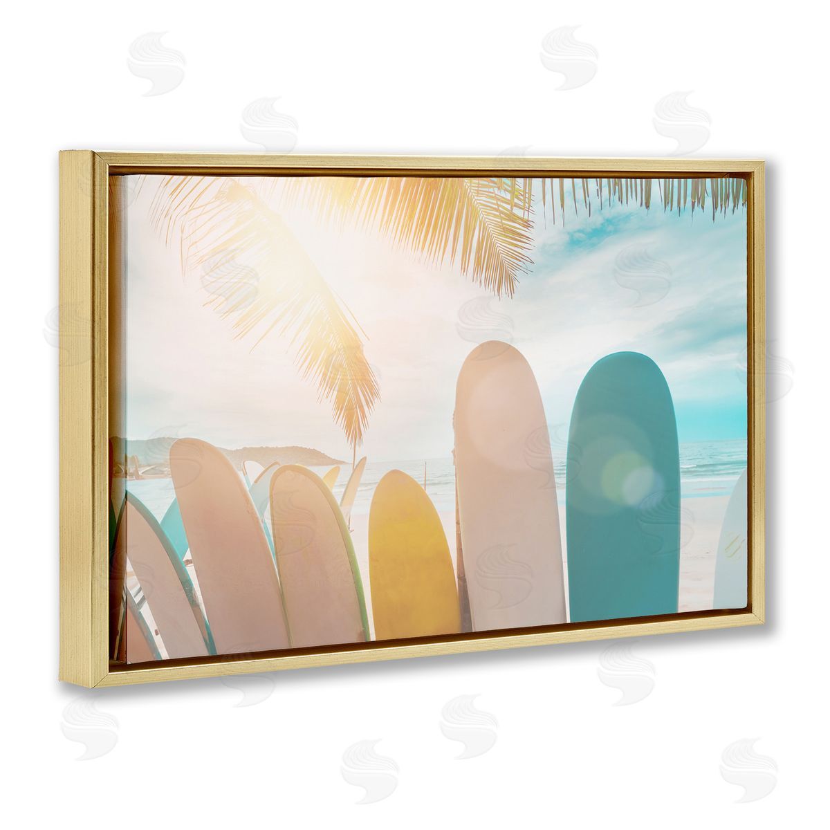 Sisi and Seb Sunny Beach Surfboards Gold Floating Frame Canvas Wall Art Print