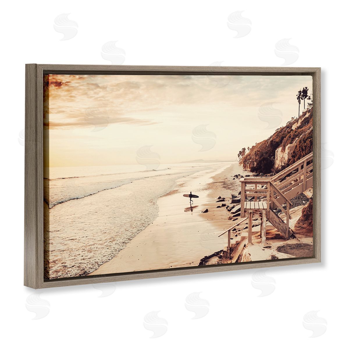 Sisi and Seb Sunset & Surf Landscape Brown Floating Frame Canvas Wall Art Print
