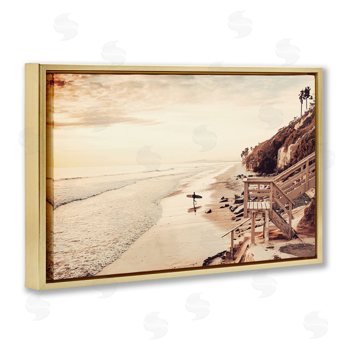 Sisi and Seb Sunset & Surf Landscape Gold Floating Frame Canvas Wall Art Print