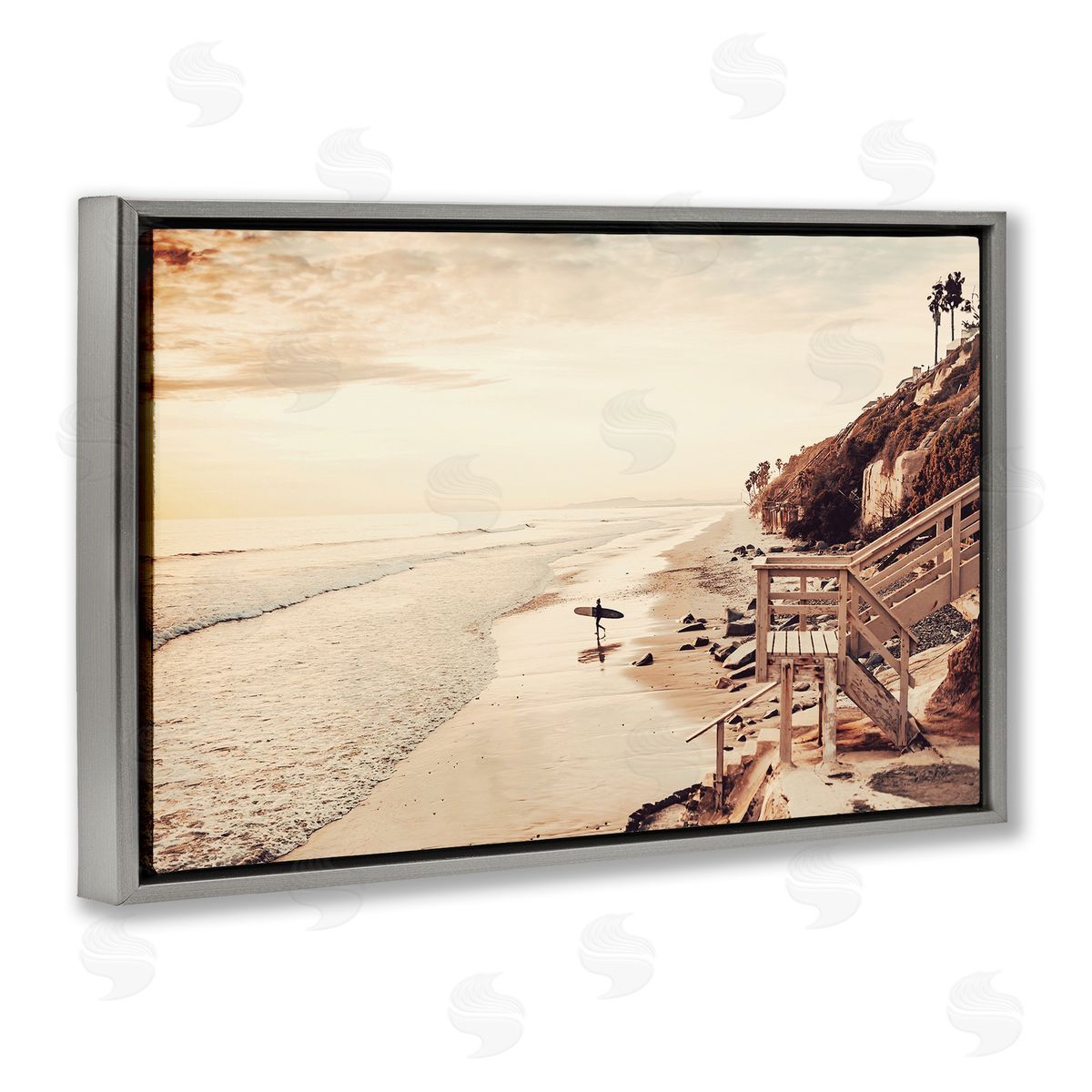Sisi and Seb Sunset & Surf Landscape Gray Floating Frame Canvas Wall Art Print