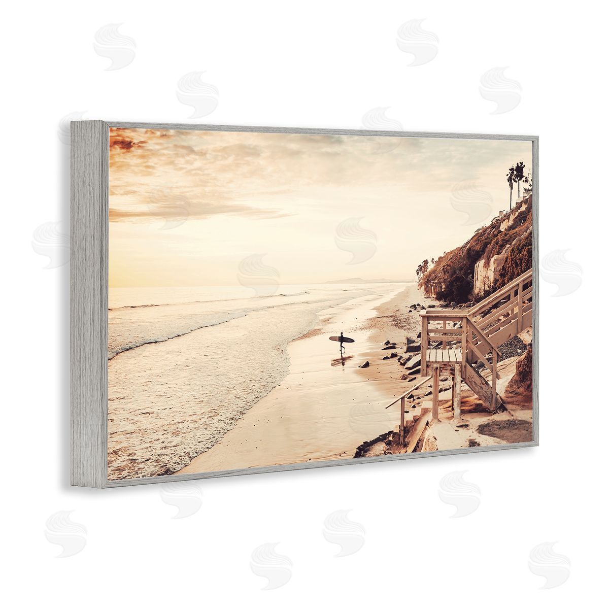 Sisi and Seb Sunset & Surf Landscape Gray Framed Giclee Wall Art Print