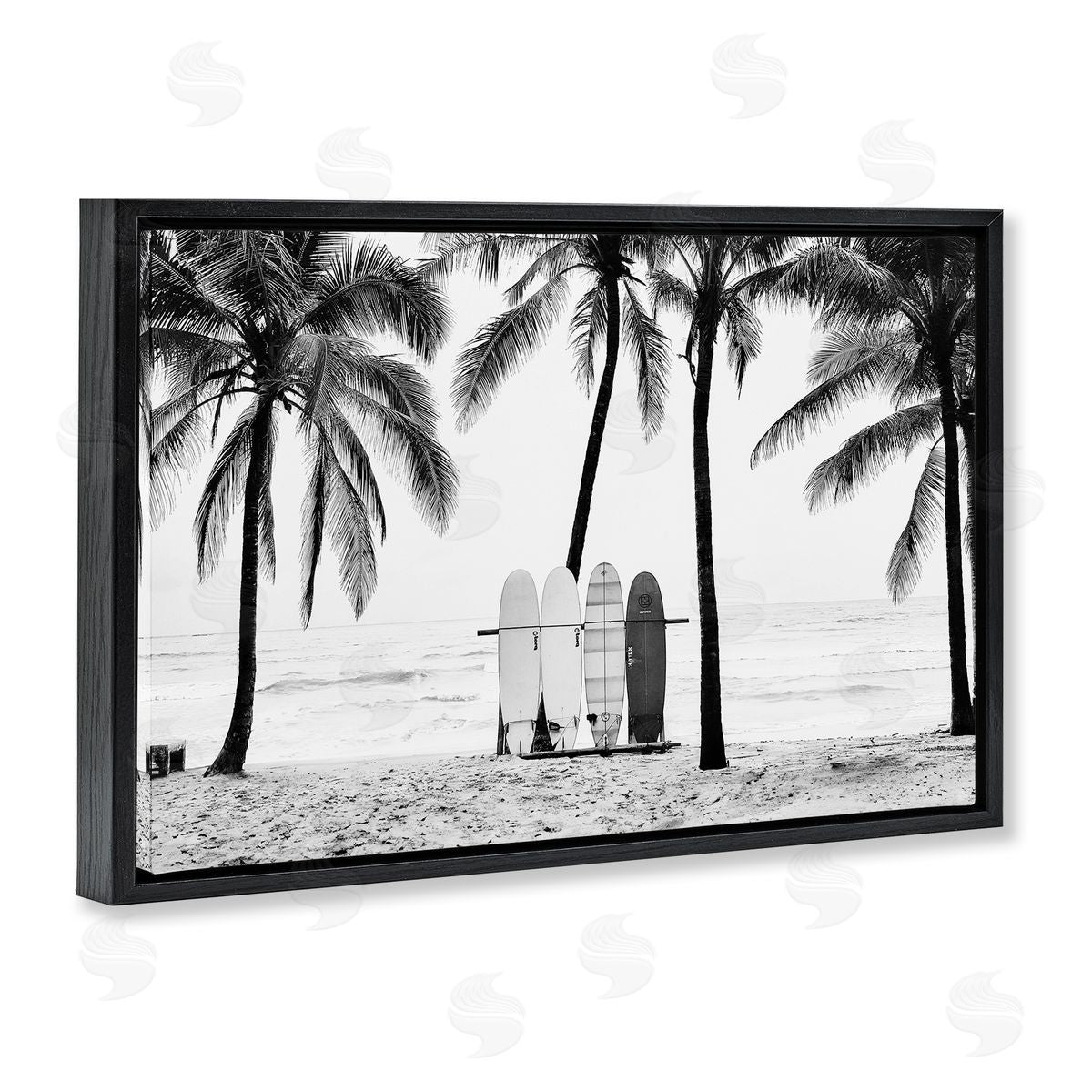 Sisi and Seb Centered Surf Boards View Black Floating Frame Canvas Wall Art Print