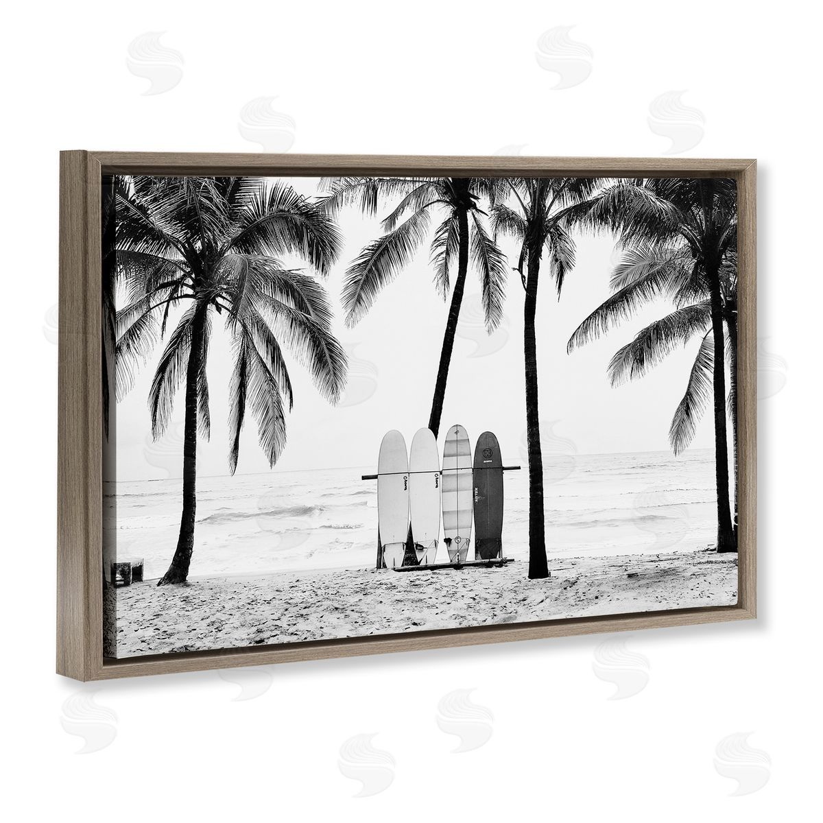 Sisi and Seb Centered Surf Boards View Brown Floating Frame Canvas Wall Art Print