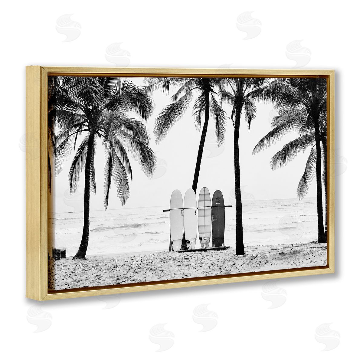 Sisi and Seb Centered Surf Boards View Gold Floating Frame Canvas Wall Art Print