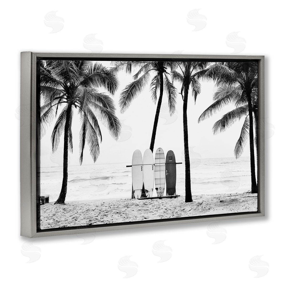 Sisi and Seb Centered Surf Boards View Gray Floating Frame Canvas Wall Art Print