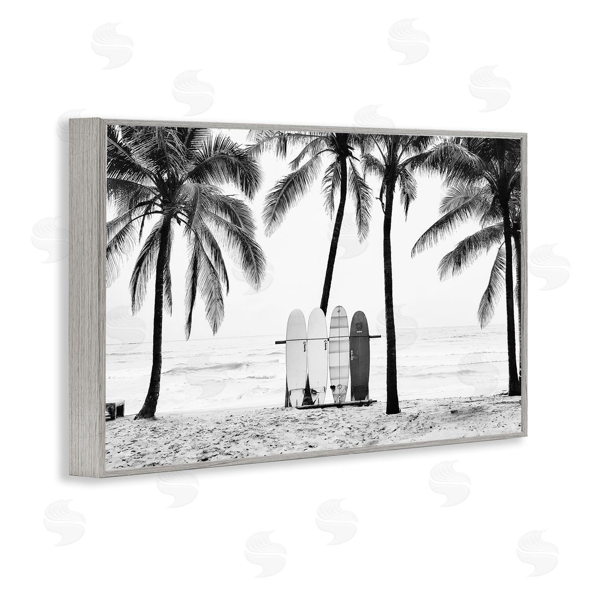 Sisi and Seb Centered Surf Boards View Gray Framed Giclee Wall Art Print