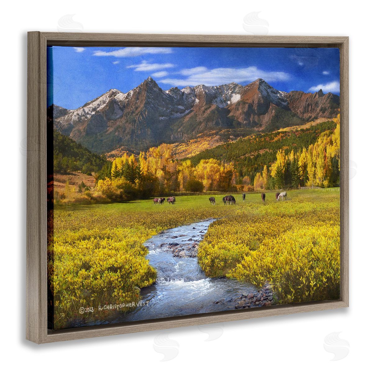 Chris Vest Horse Ranch Autumn View Brown Floating Frame Canvas Wall Art Print