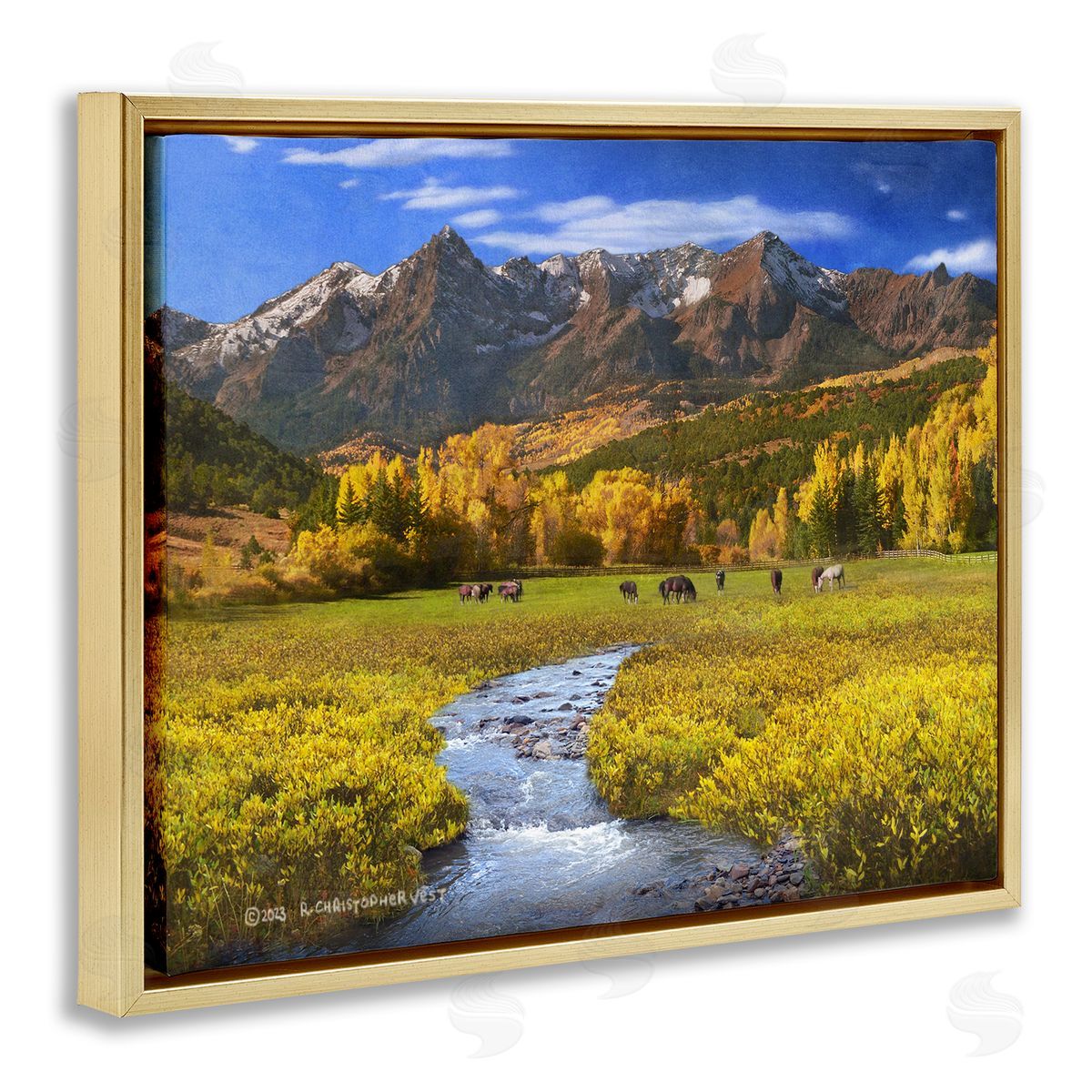 Chris Vest Horse Ranch Autumn View Gold Floating Frame Canvas Wall Art Print