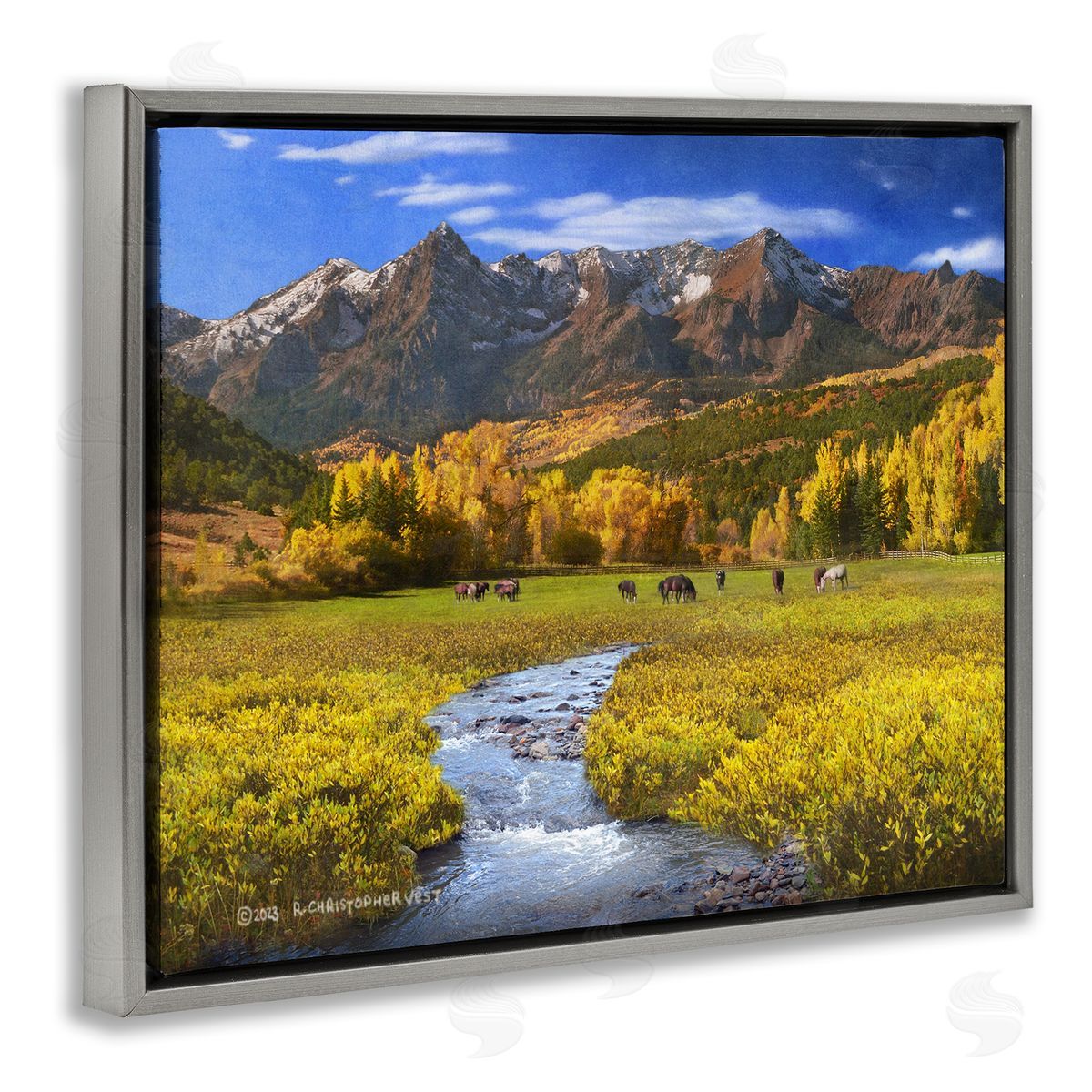 Chris Vest Horse Ranch Autumn View Gray Floating Frame Canvas Wall Art Print