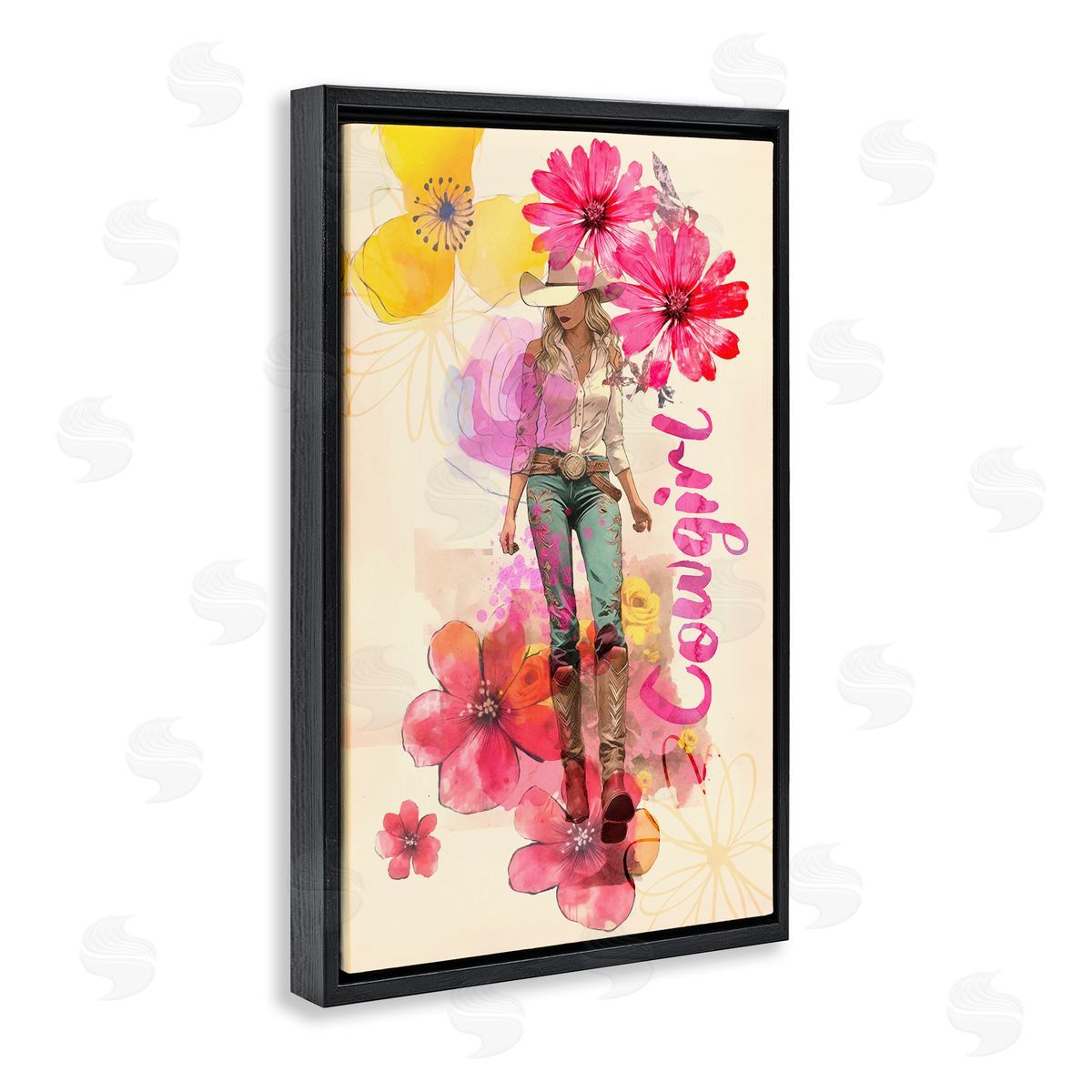 Fancy Floral Cowgirl Black Floating Frame Canvas Wall Art, Home Decor by Andrea Haase