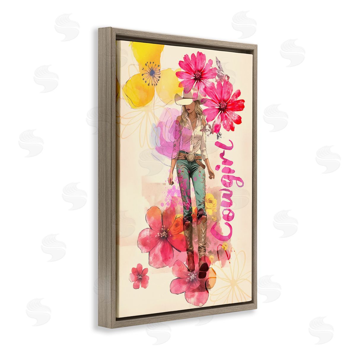 Fancy Floral Cowgirl Brown Floating Frame Canvas Wall Art, Home Decor by Andrea Haase