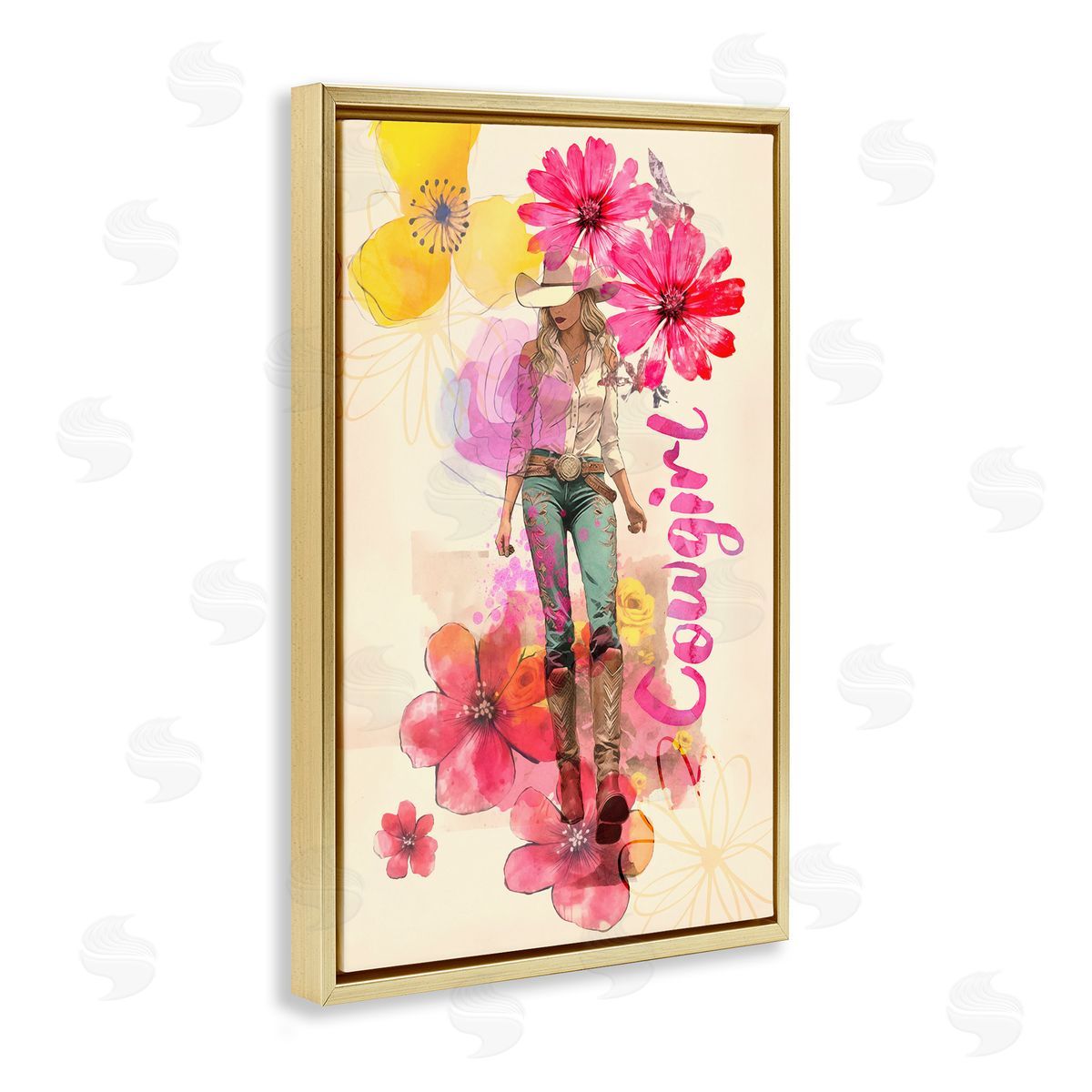 Fancy Floral Cowgirl Gold Floating Frame Canvas Wall Art, Home Decor by Andrea Haase