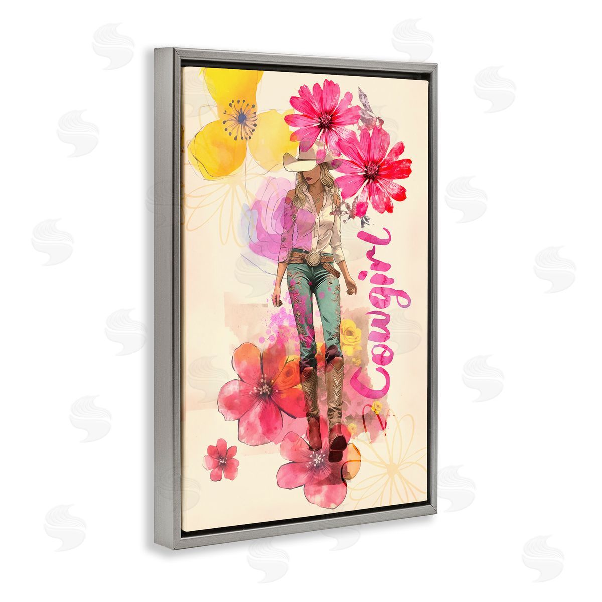 Fancy Floral Cowgirl Grey Floating Frame Canvas Wall Art, Home Decor by Andrea Haase