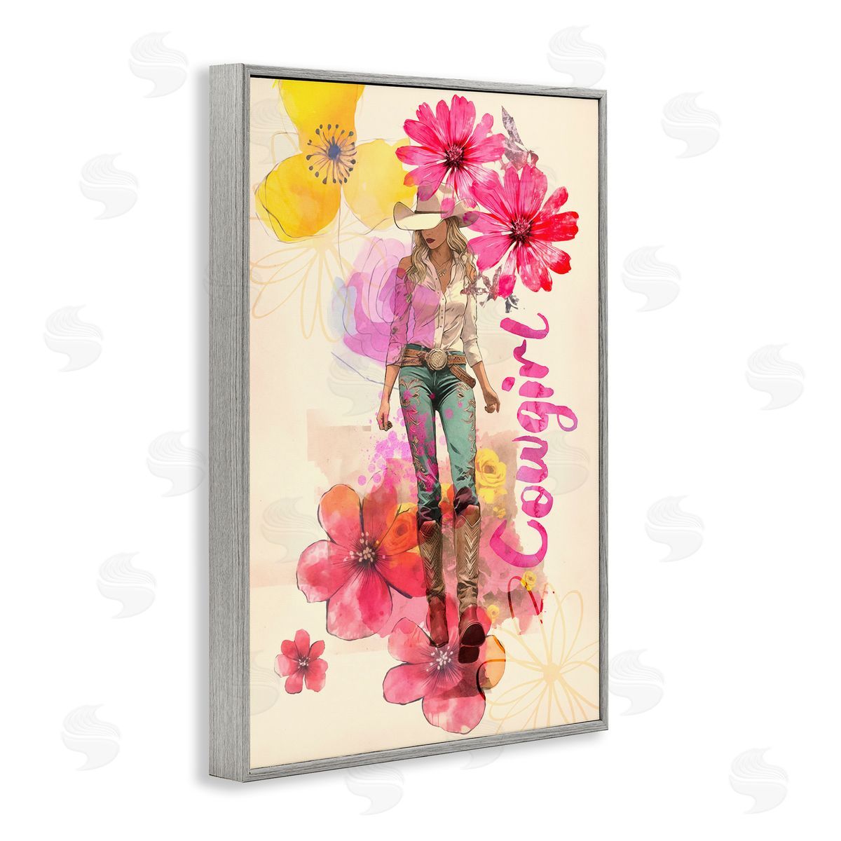 Fancy Floral Cowgirl Grey Frame Print Wall Art, Home Decor by Andrea Haase