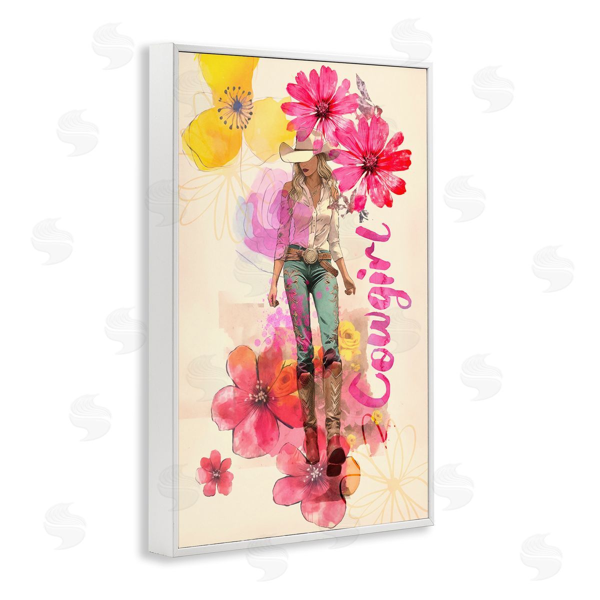 Fancy Floral Cowgirl White Frame Print Wall Art, Home Decor by Andrea Haase