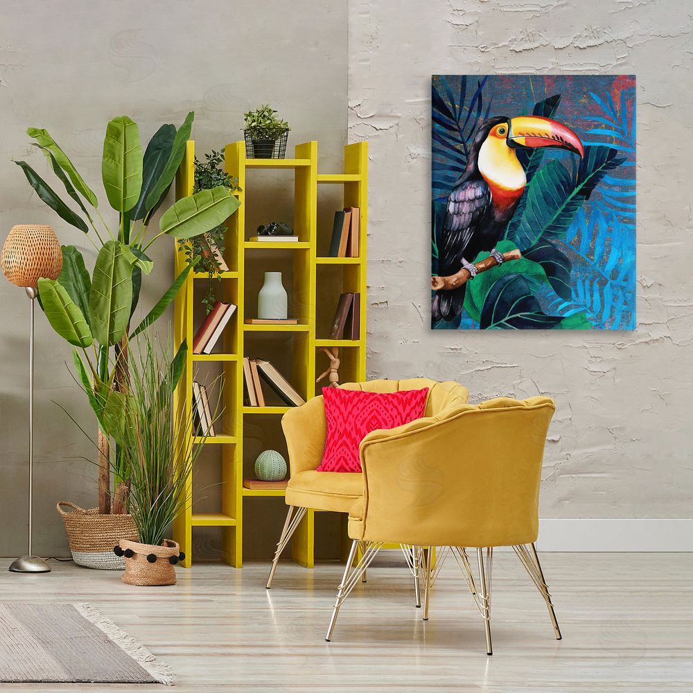 Karen Smith Bright Toucan Among Leaves Canvas Wall Art Print in Room