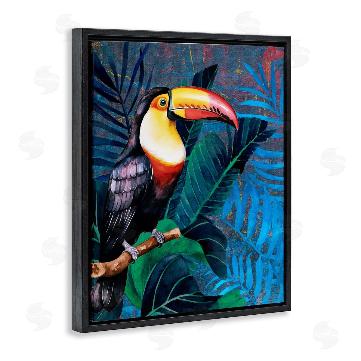 Karen Smith Bright Toucan Among Leaves Black Floating Frame Canvas Wall Art Print