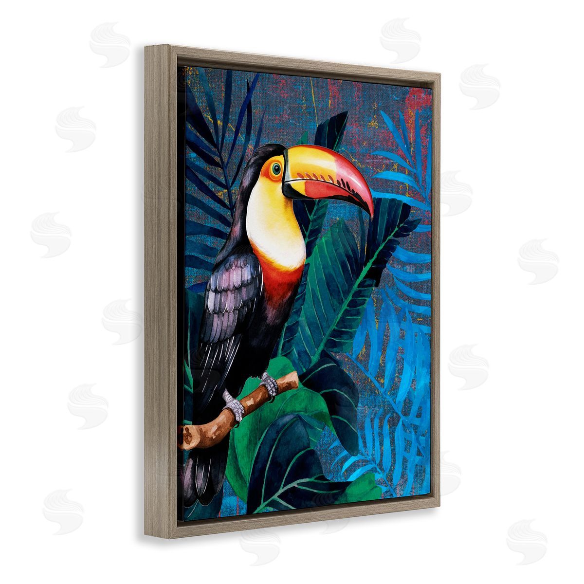 Karen Smith Bright Toucan Among Leaves Brown Floating Frame Canvas Wall Art Print