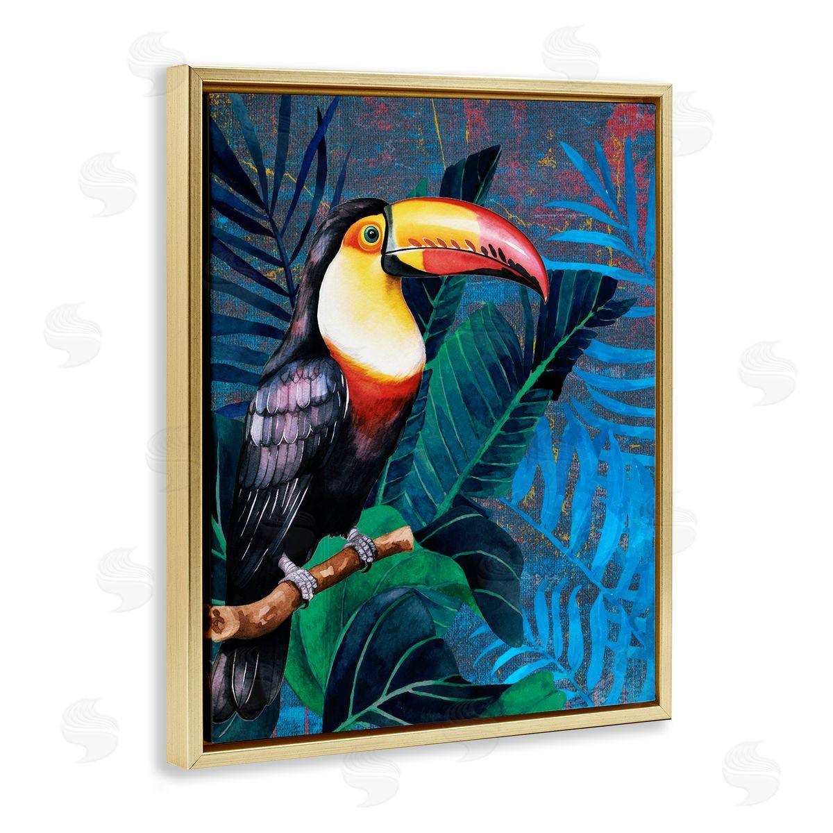 Karen Smith Bright Toucan Among Leaves Gold Floating Frame Canvas Wall Art Print