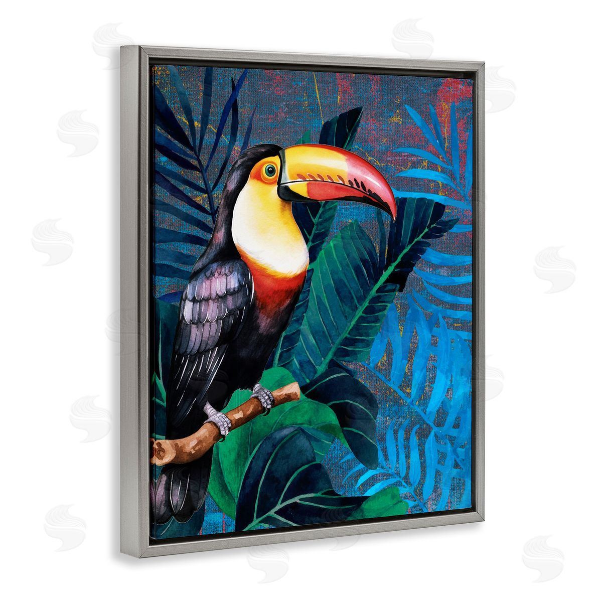 Karen Smith Bright Toucan Among Leaves Gray Floating Frame Canvas Wall Art Print