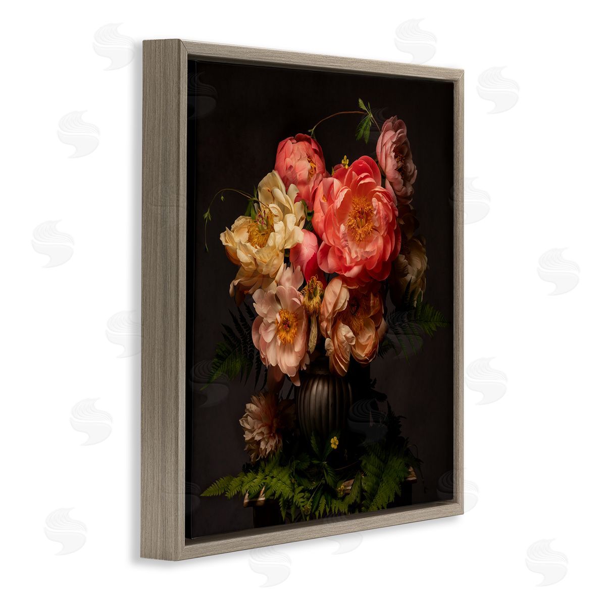 Leah McLean Peonies & Ferns Bouquet Brown Floating Frame Canvas Wall Art Print