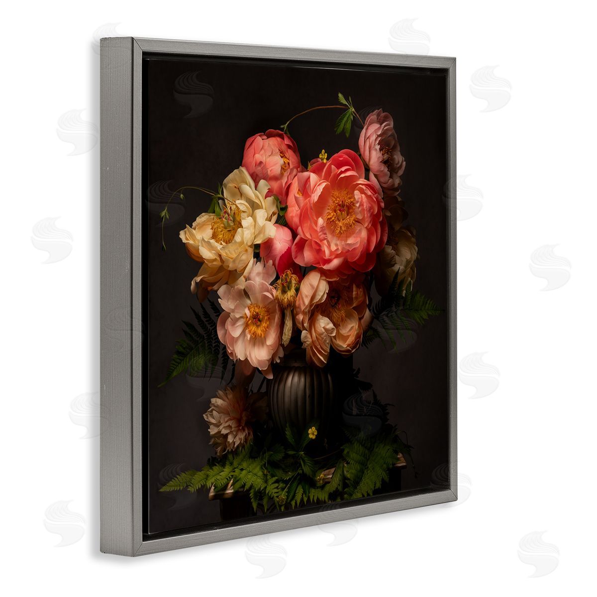 Leah McLean Peonies & Ferns Bouquet Gray Floating Frame Canvas Wall Art Print