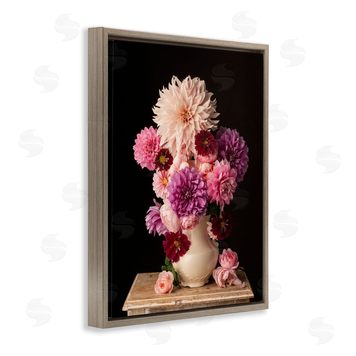 Leah McLean Full Dahlias Bouquet Brown Floating Frame Canvas Wall Art Print