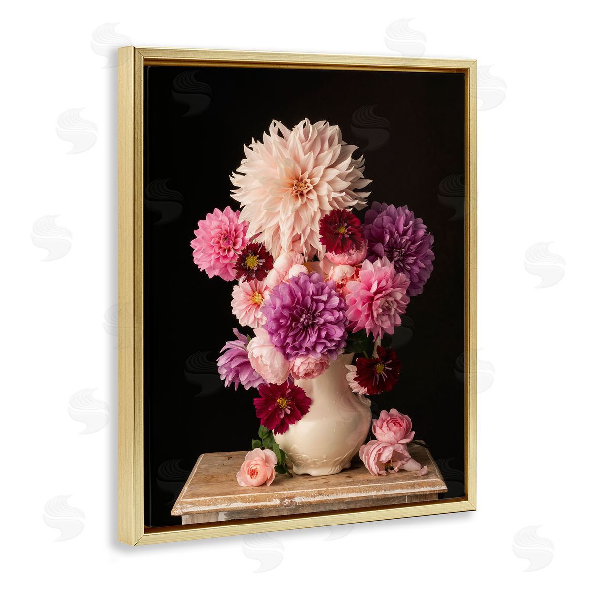 Leah McLean Full Dahlias Bouquet Gold Floating Frame Canvas Wall Art Print