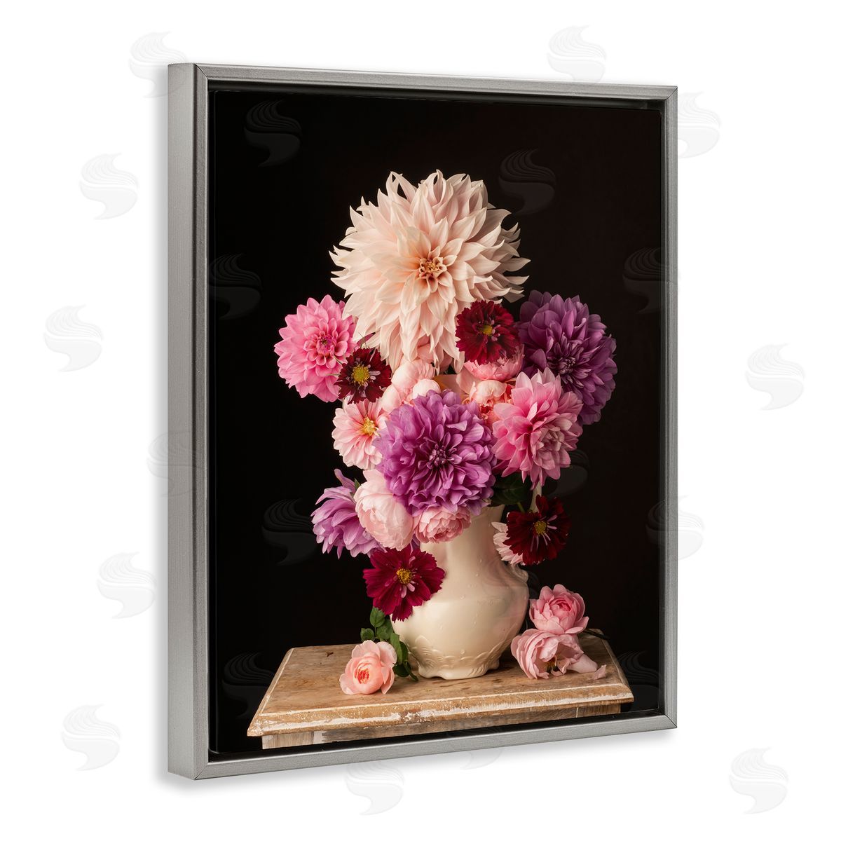 Leah McLean Full Dahlias Bouquet Gray Floating Frame Canvas Wall Art Print