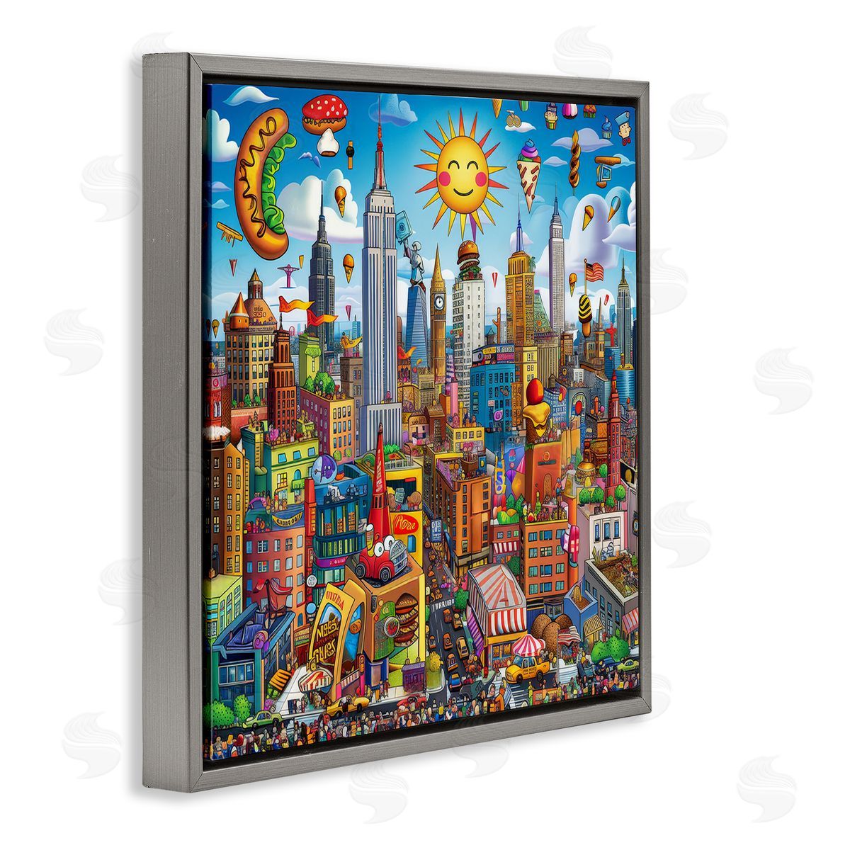 Ray Powers Fun Zany Cityscape Gray Floating Frame Canvas Wall Art Print