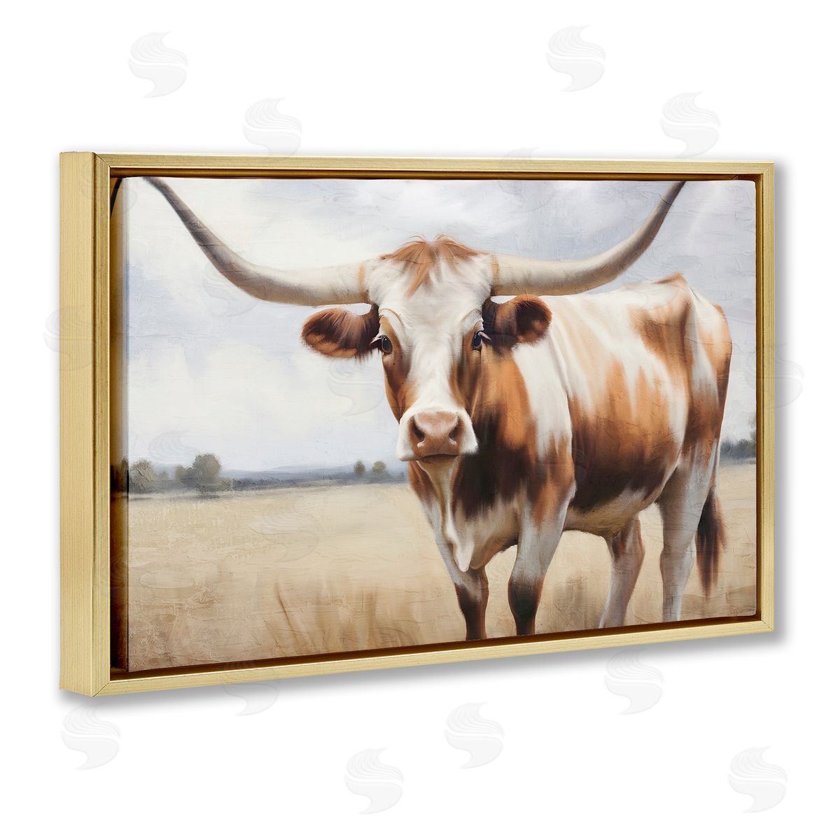 Kim Allen Spotted Brown Longhorn Gold Floating Frame Canvas Wall Art Print