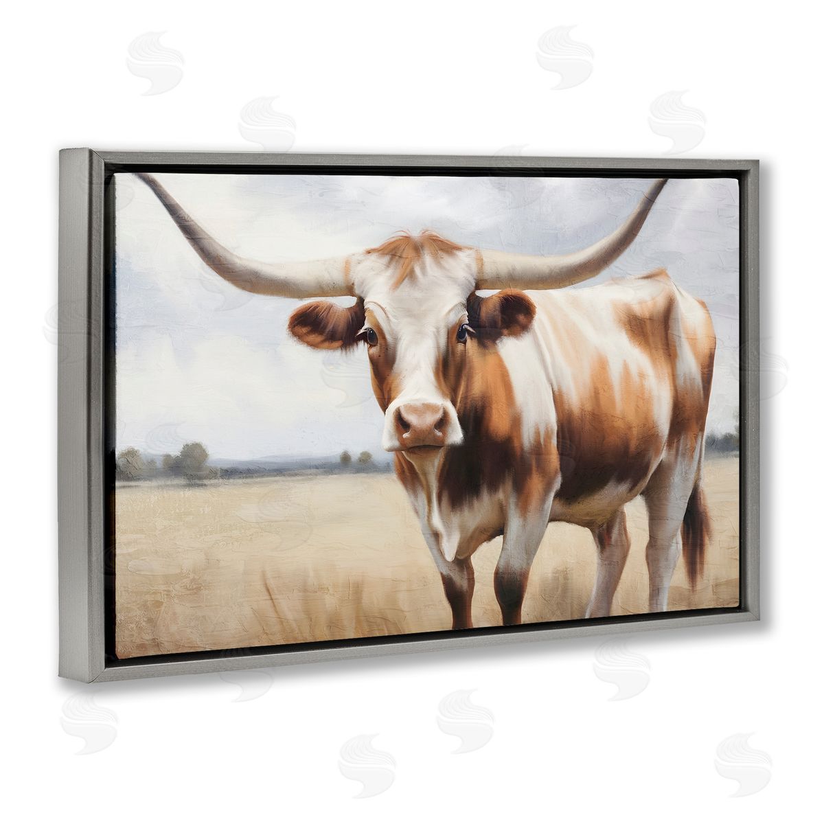 Kim Allen Spotted Brown Longhorn Gray Floating Frame Canvas Wall Art Print