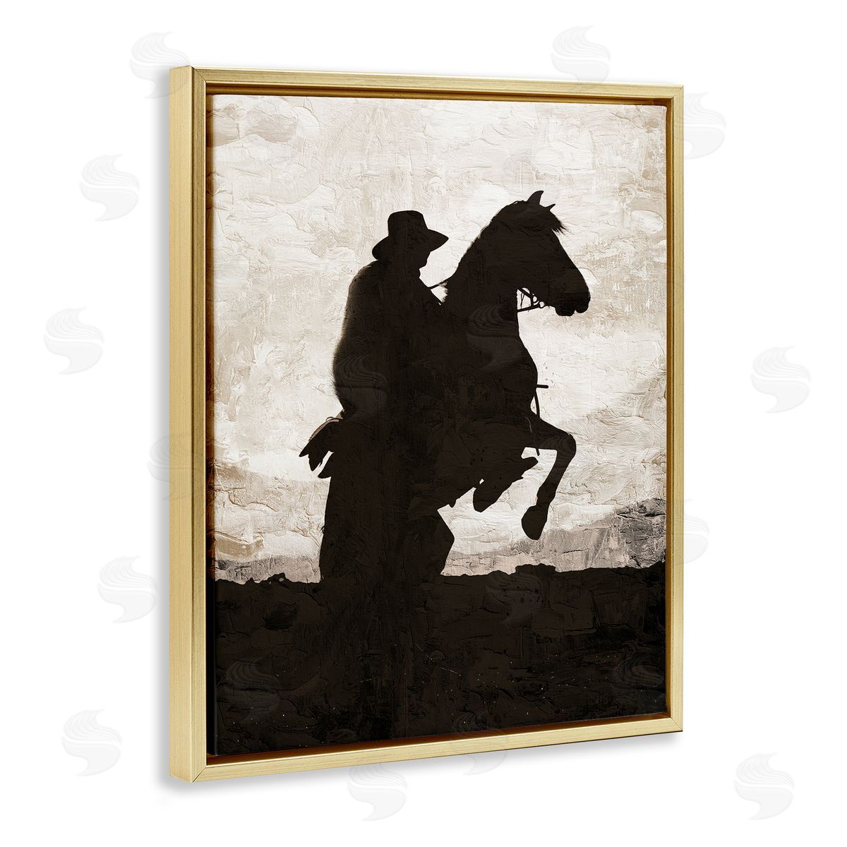 Kim Allen Rearing Horse & Cowboy Gold Floating Frame Canvas Wall Art Print