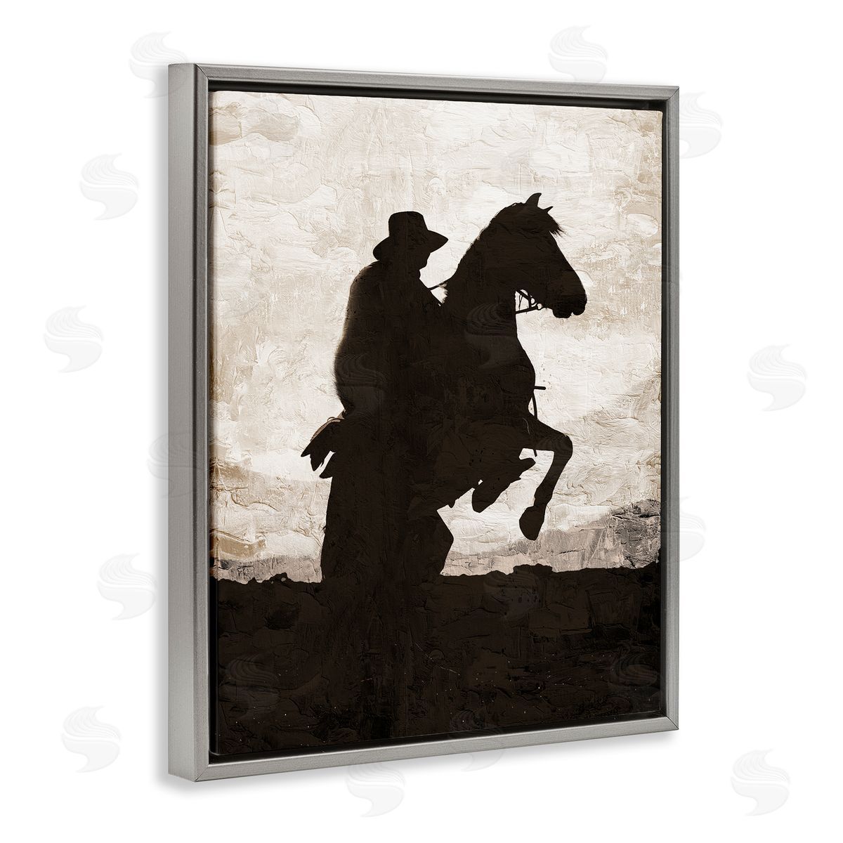 Kim Allen Rearing Horse & Cowboy Gray Floating Frame Canvas Wall Art Print