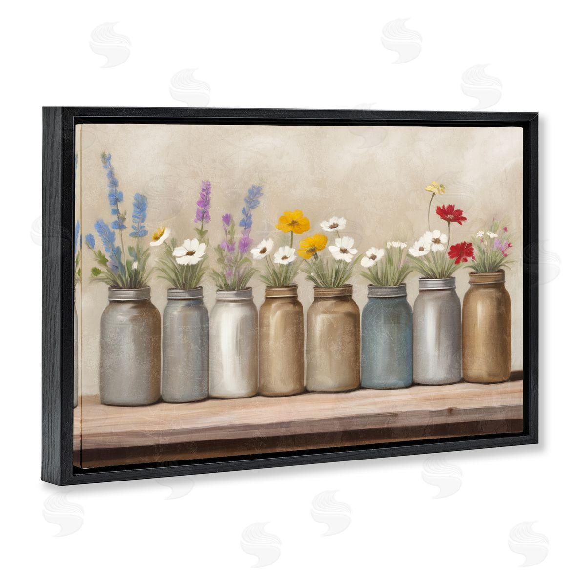 Kim Allen Jars with Wildflowers Black Floating Frame Canvas Wall Art Print